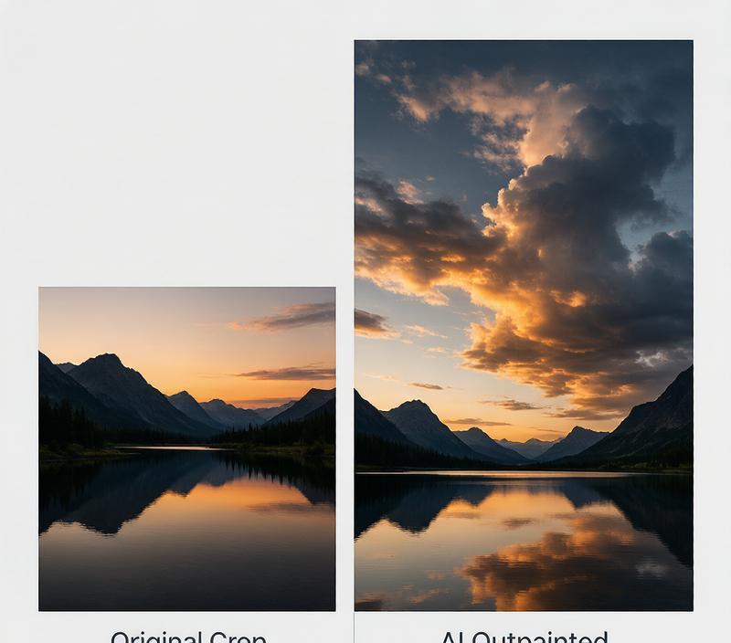 Landscape photo before and after AI image extension — original tight crop vs expanded sky and horizon