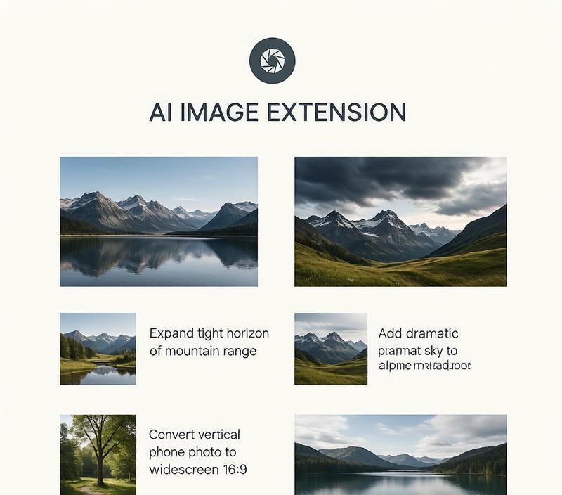 Four landscape photography AI extension use cases: expand horizon, add sky, convert vertical to horizontal, create panorama